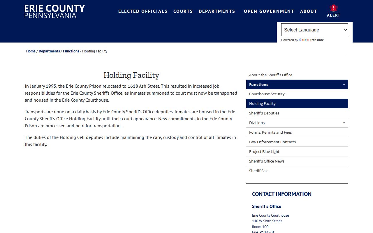 Erie County Sheriff holding facility custody records source