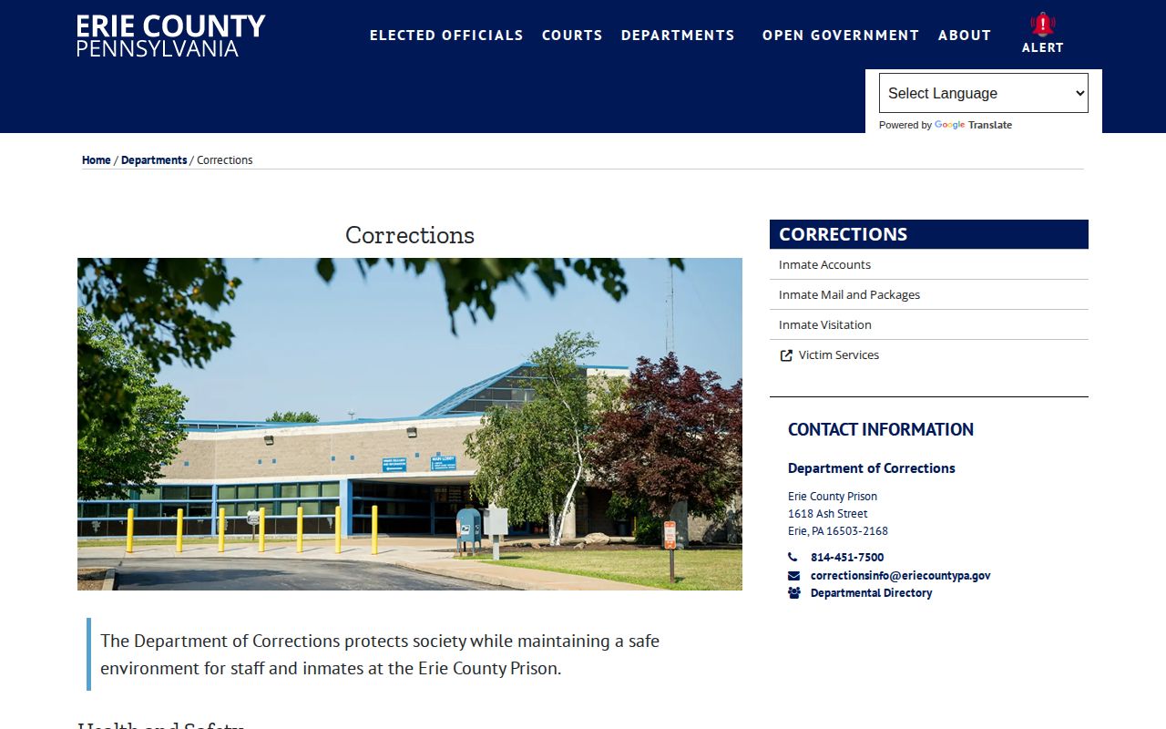 Erie County 24-hour release contact route on the official corrections page