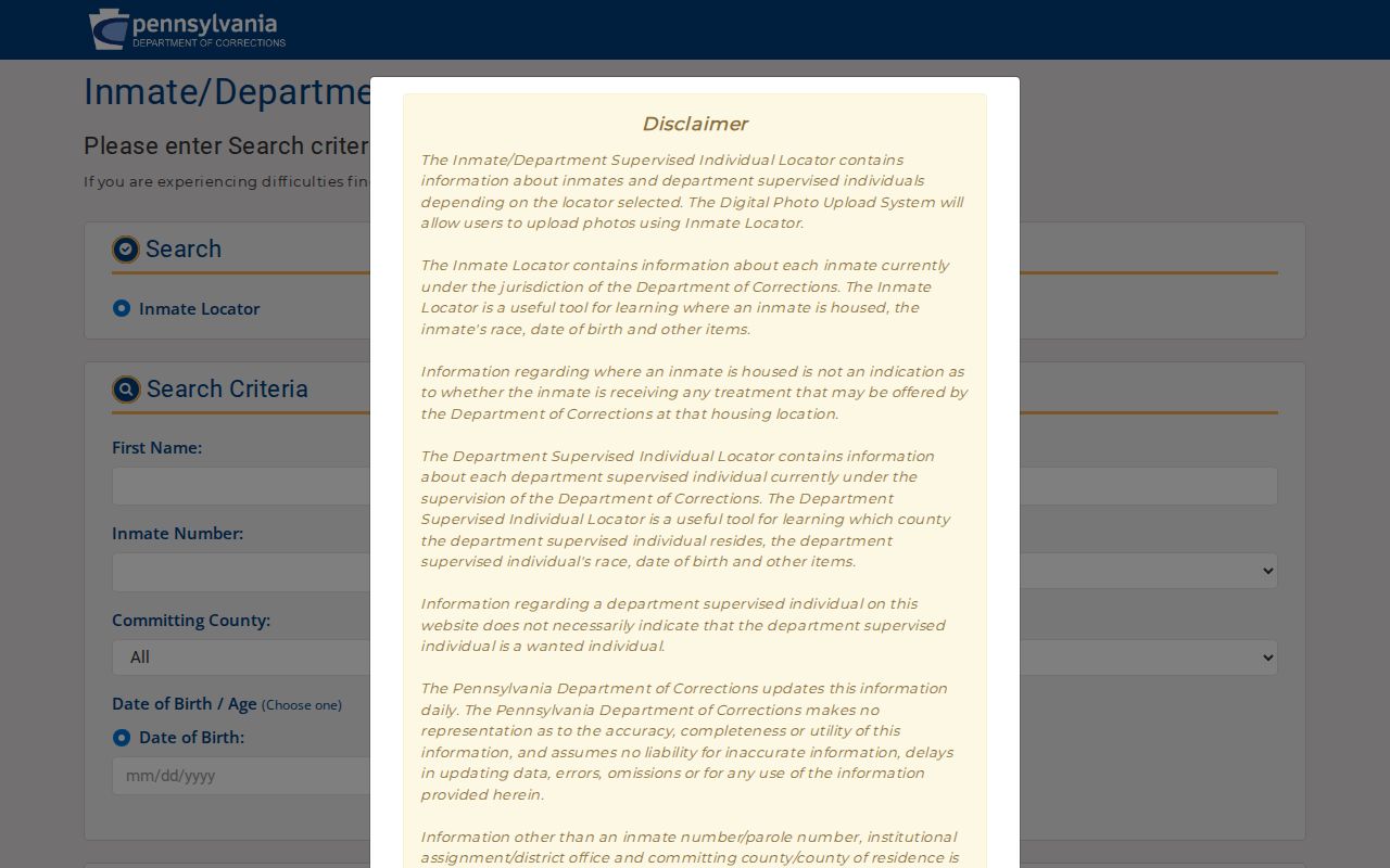 Pennsylvania Department of Corrections inmate and parolee locator landing page
