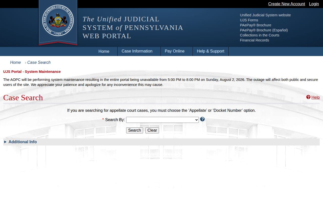 Pennsylvania Unified Judicial System case search selector
